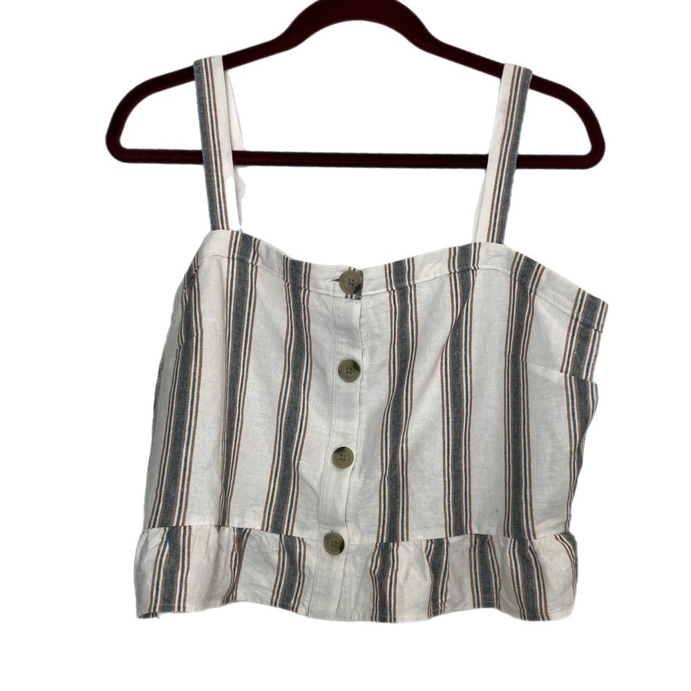 Loft beach button front ruffle hem sleeveless linen and cotton crop top